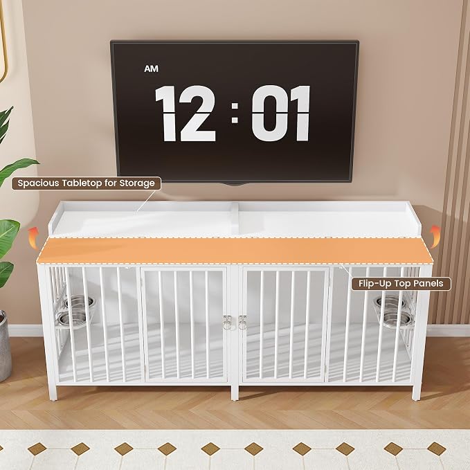 BOINN 78 Inch Dog Crate, Large Dog Crate for 2 Dogs, Dog Kennel Indoor for Large/Medium Dogs with Top Access Door, XL Wooden Dog Cage with 360 Degree Rotatable Stainless Bowls, Heavy Duty Steel Frame
