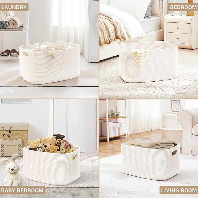 86L Large Woven Laundry Basket Hamper with Handles, White | collapsible wicker hamper, storage for dirty clothes, toys, blankets, gifts, living room, bedroom, bathroom, 24"x16"x14"