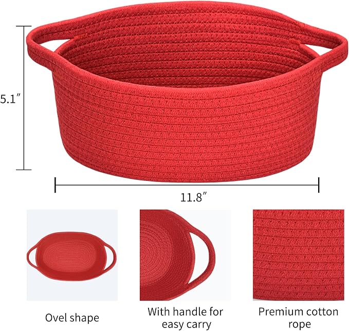ABenkle Small Basket with Handles, Boho Decorative Rope Woven Dog Cat Toy Storage Bin Shelf Storage Organizer, Easter Christmas Gift Basket, 12"x8"x5"