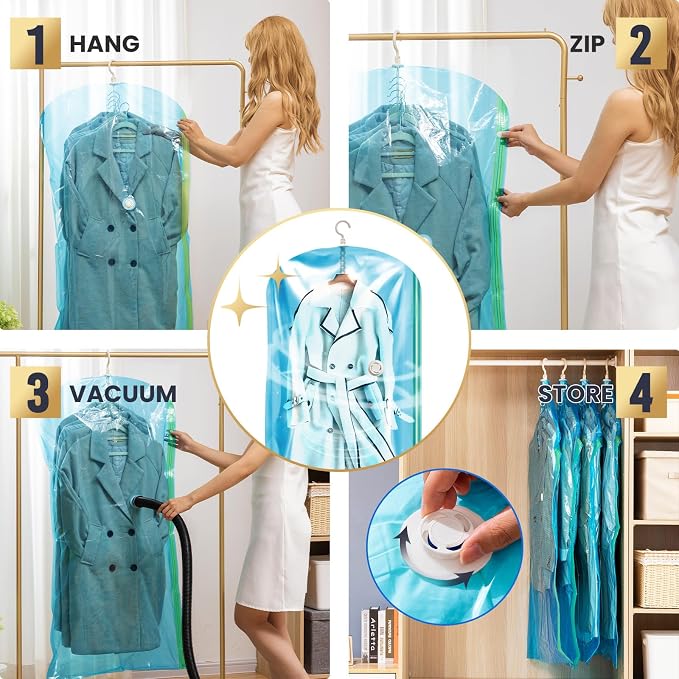 TAILI Hanging Vacuum Storage Bags for Clothes Space Saver 6 Combo Blue | Vacuum Seal Bags for Clothing Travel, Winter Clothes Storage Closet Organizers, Garment, Coats, Suits and Jackets