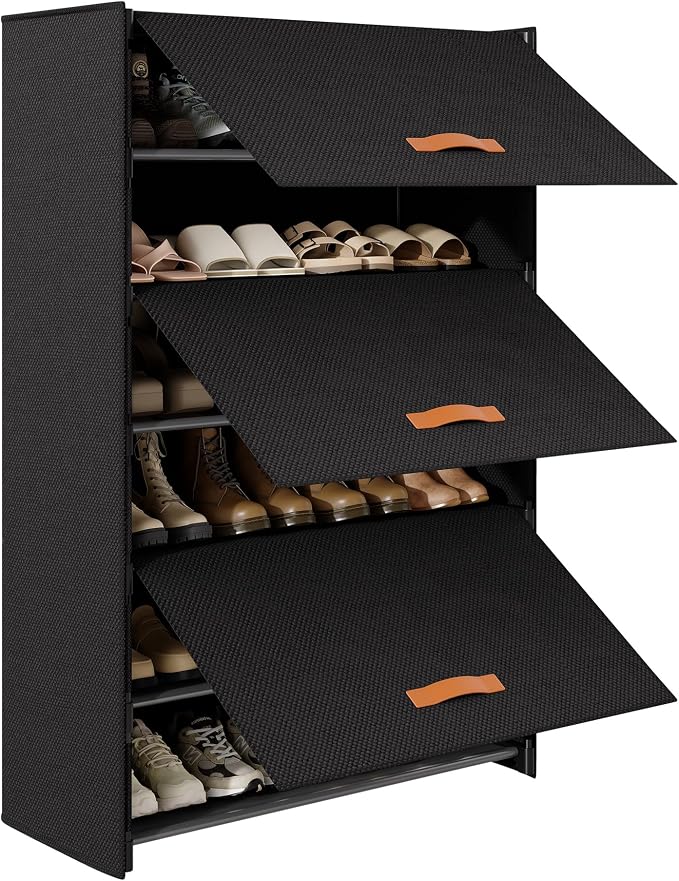 6-Tier Shoe Storage Cabinet with Fabric Cover, Hard Flip Doors, Holds 18–24 Pairs, Enclosed Dustproof Shoe Rack Organizer for Entryway, Closet & Bedroom, Shoe Shelf, Black, 27.8" x 12.0" x 41.9"