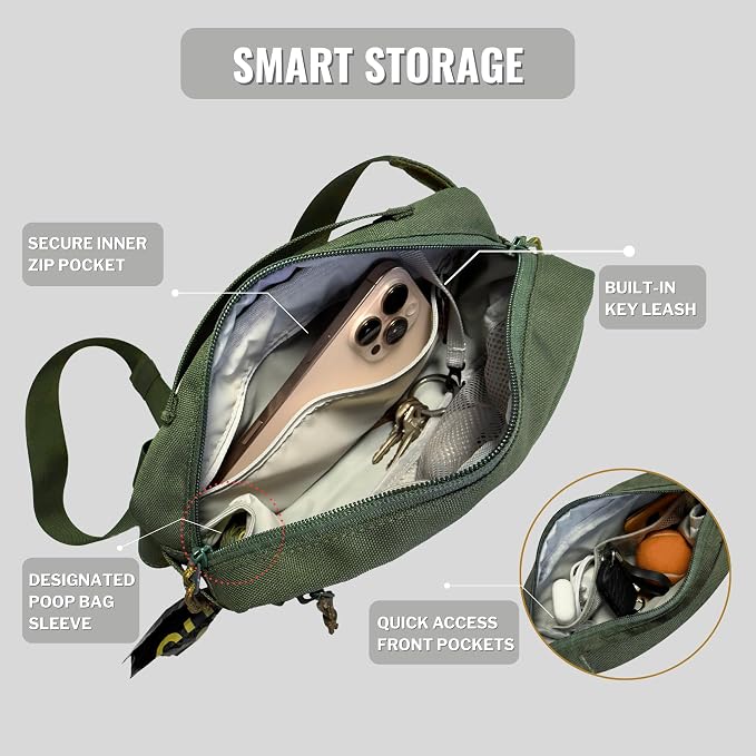 Crossbody Dog Walking Bag, Treat Pouch & Poop Bag Holder, Olive Green | Crossbody dog walking bag, hands-free. PEVA-lined treat pouch, poop bag holder, leash hook. Water-resistant, 4-50 in. strap