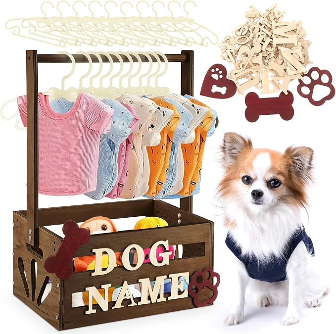 Teenyyou 20 x 13 x 9 Wooden Dog Closet Pet Wardrobe Crate Box with Hanging Rods and Personalized Alphabet Letters Easy Assembly Baskets for Dog Cat Toys Clothes Accessories(Dark Walnut)
