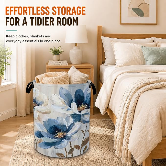 Blue Flower Laundry Basket,Flower on Marble Foldable Oxford Laundry Hamper with Handles,Collapsible Clothes Storage Basket for Bedroom,Bathroom,or Laundry Room,20.8 x 16 Inches
