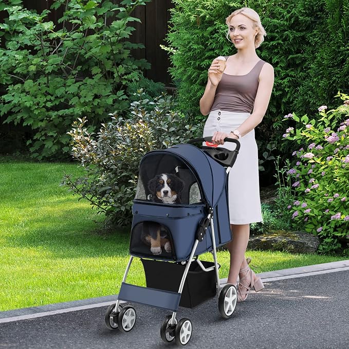 Giantex Folding Dog Stroller for Small Medium Dogs Cats Puppy, 4 Lockable Wheels Cat Stroller Pet Travel Carrier Strolling Cart, Safety Belt, Removable Liner and Storage Basket (Navy)