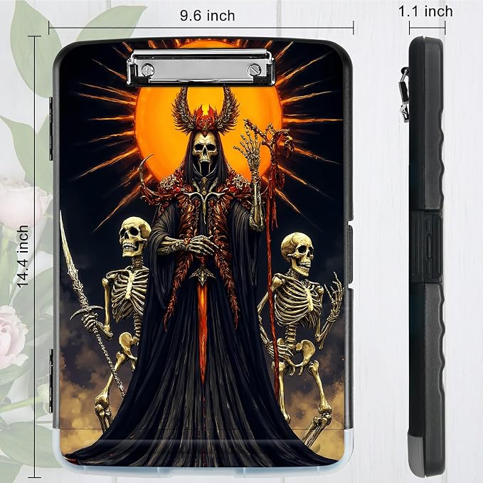 A4 Clipboard with Storage Pen Holder, Clipboards Organizer Nursing Clipboard Foldable File Folder Plastic Clipboard Folio Clip Board for Office Work Classroom Doctor, Dark Skull Knight