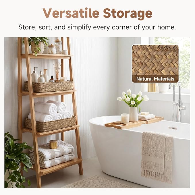 StorageWorks Large Bathroom Baskets, Wicker Storage Baskets for Shelves | Handwoven Seagrass Trays for Decor & Organizing, Shallow Rectangle Wicker Trays for Ottoman and Living Room, 2-Pack, Brown