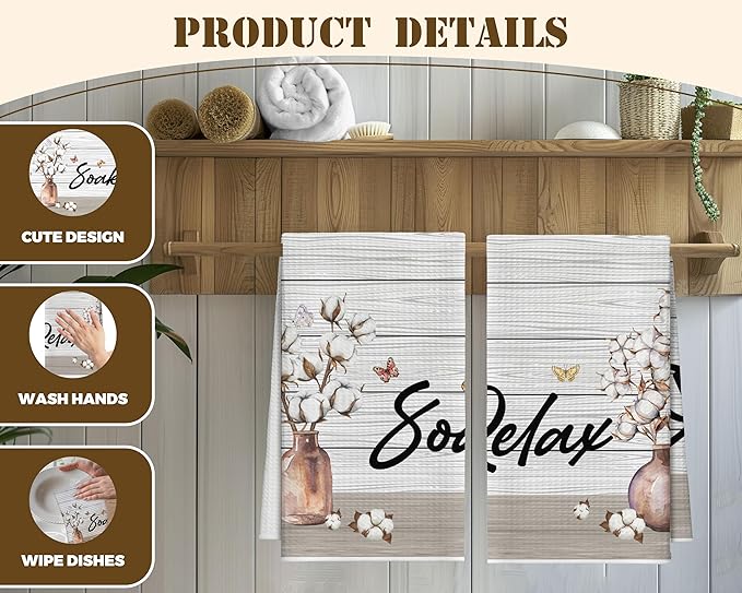 Kitchen Towels Set Of 2, Flower Vase Butterfly Dish Towel For Kitchen, Farm Vintage Bathroom Decorative Hand Towels, Farmhouse Fast Drying Tea Towel, Housewarming Xmas Gifts For Women Mom -B39