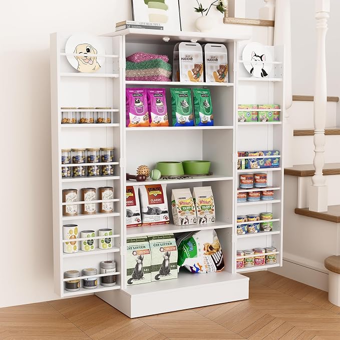Saudism 47" Dog Food Storage Cabinet with Doors and Adjustable Shelves, Freestanding Pet Storage Container Organizer for Living Room and Dinning Room, White