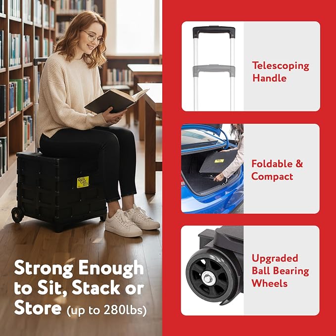 dbest Products Quik Cart Pro Collapsible Rolling Crate on Wheels - Black | Roll Up to 120 lbs Capacity, Heavy Duty Plastic Construction, Telescoping Handle, Folding Utility Cart