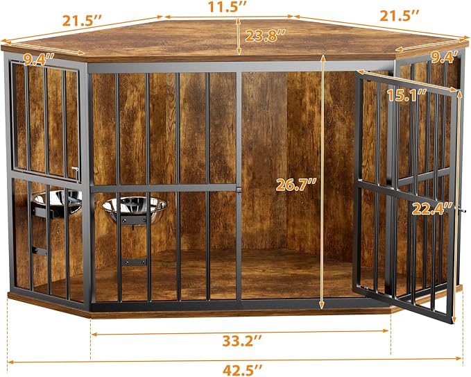APRILSOUL 42 inch Furniture Dog Crate Corner, Wooden End Table with Bowl, Indoor Pet Crate Side Table for Dogs, Wide Top Perfect for Limited Room
