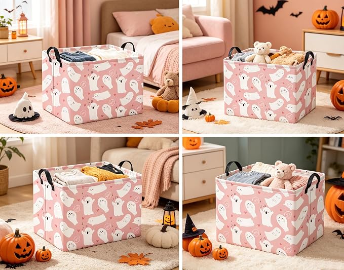 Halloween Basket Cute Baskets for Kids Pumpkin Basket Rectangular Storage Bin Organizer Box Room Decor(Pink Singing Ghost)