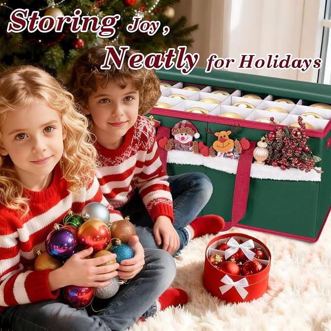 Christmas Ornament Storage Box with Adjustable Dividers Zippered Top Stores up to 54 Holiday Ornaments (4 Inch) Xmas Ball Decorations Organizer Storage Container Bin