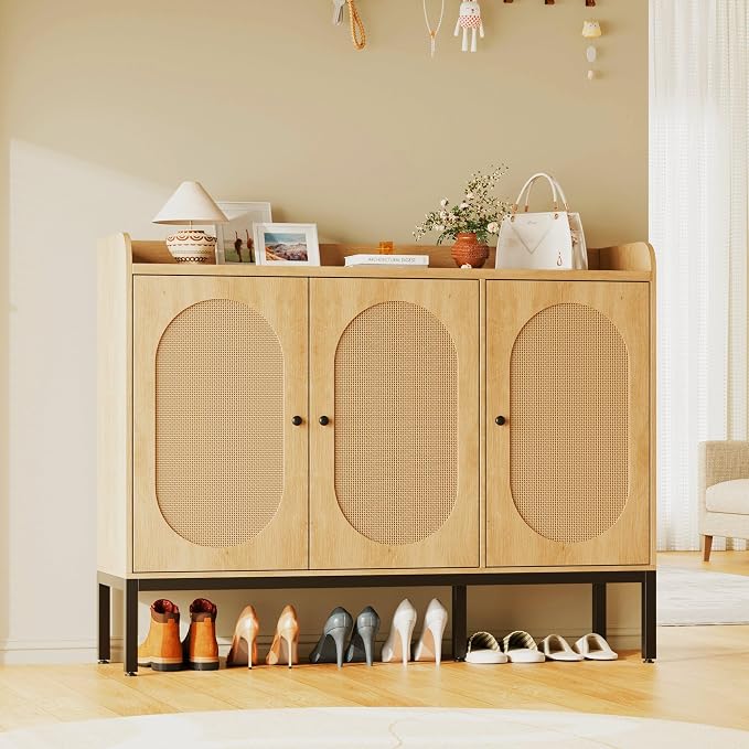 GarveeHome Rattan Shoe Cabinet with 3 Flip Doors, 8-Tier Freestanding Shoe Storage Cabinet with Adjustable Shelves, Large Capacity Shoe Organizer for Entryway, Closet, Natural Oak