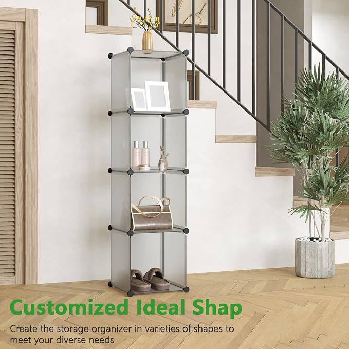C&AHOME Plastic Cube Storage Organizer, 4-Cube Shelves Units, Grey | DIY Modular Bookshelf, Portable Closet Organizers and Storage Ideal for Bedroom, Office, 24.8" L x 12.4" W x 24.8" H