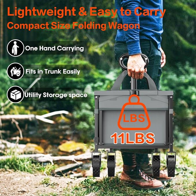 Yozoia Wagons Carts Foldable, 120L Collapsible Wagon Cart with Wheels,Grey | Foldable, Lightweight, Portable, Simple Installation, for Camping Shopping Beach Garden Sports