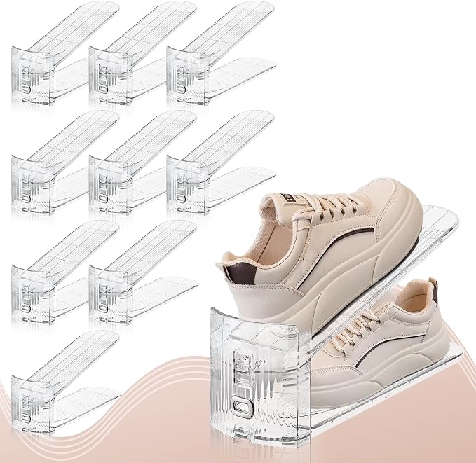 FENRUNXU 10 Pack Transparent Shoe Stacker,Shoe Slots Organizer for Closet, Shoe Display Space Saver,Adjustable Shoe Rack Organizer Holder for High Heels,Sneakers(Transparent)