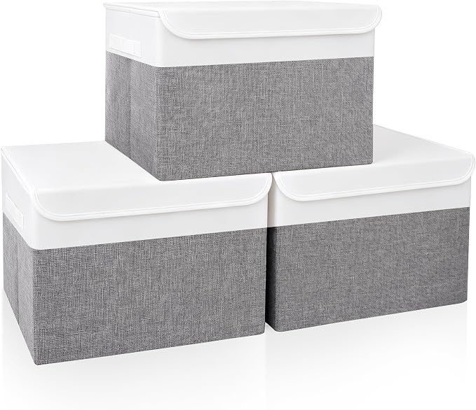 Large 17" 42 Quarts Collapsible Stackable Storage Bins with Lids [3-Pack] Foldable Fabric Linen Storage Boxes Cube, Closet Organizer Baskets with Label (16.7 x 12 x 12, Gray & White)