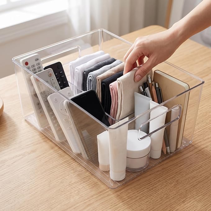 PET Storage Box Clear Acrylic Organizer Box Container Bin Drawer With Stackable Design And Smooth Easy Clean Surface Suitable for Jewelry Cosmetics, Transparent, Extra Large (32x23x13cm)
