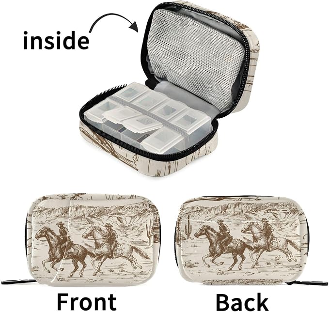 Ollabaky Western Desert Cowboy Vintage Pill Organizer Travel Pill Cases Bag Portable Pill Container 7 Days Pill Box Organizer Vitamin Supplement Holder with Zipper for Family Business