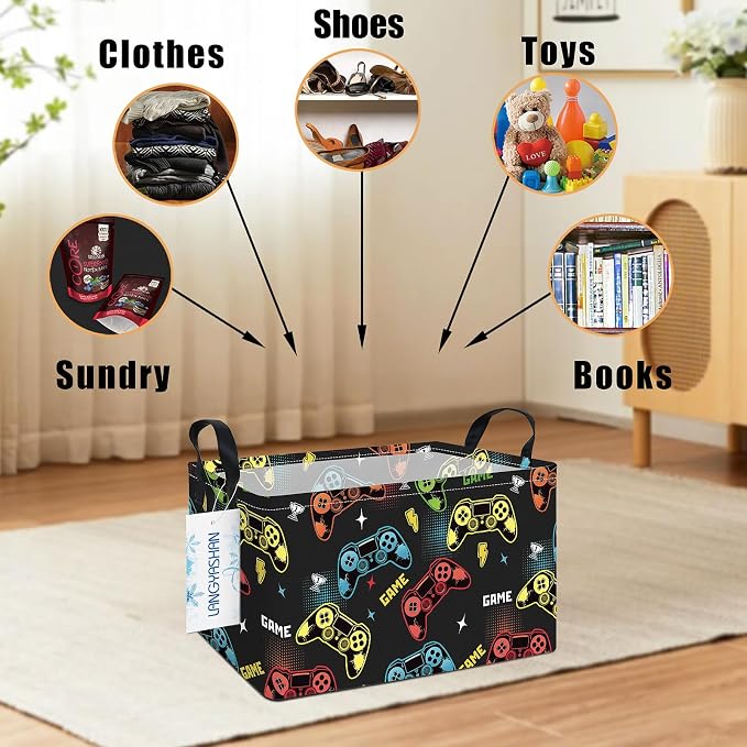 Rectangular Collapsible Game Storage Basket Nursery Toy Organizer | Storage Bin Foldable Canvas with Handles for Organizing Home Kitchen Children Toys Office Closet Shelf Baskets