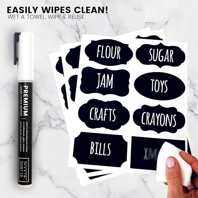 96 Chalkboard Labels for Storage Bins, Chalkboard Stickers with Chalk Maker, Chalk Labels for Kitchen Containers Organizing, Removable Black Food Pantry Jar Label Stickers for Glass Bottles