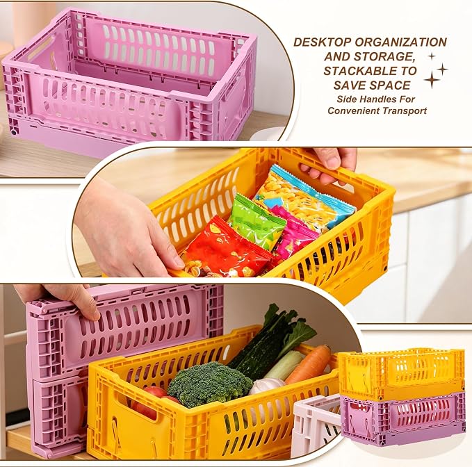 uxcell Collapsible Crates, 11.7x7.8x4.7 Stackable Plastic Storage Baskets with Handle Small Storage Containers for Bedroom Office Classroom Bathroom Desktop Organizer Decor, Soft Yellow