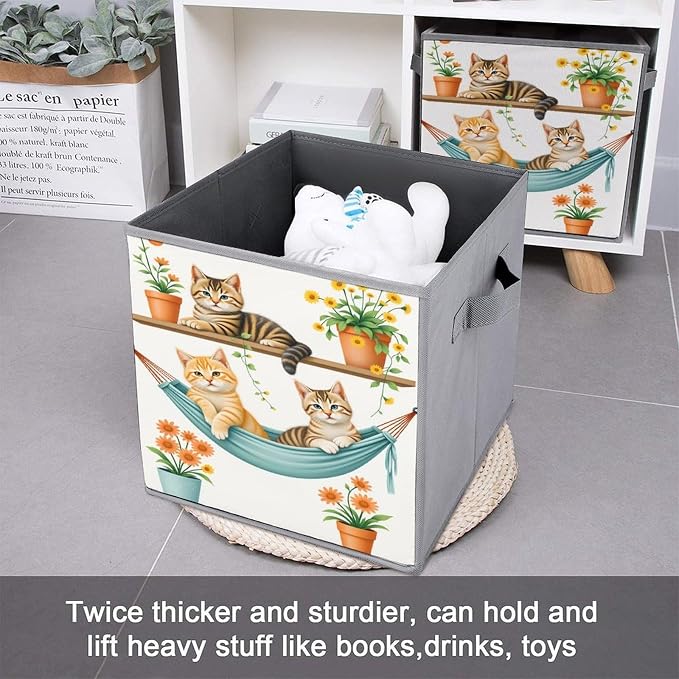 Animal Cat Flower Foldable Storage Bins, 10.6" Cube Storage Organizer, Sturdy Oxford Cloth Fabric Baskets for Closet, Shelf, Nursery, Bedroom, Decorative Printed Box for Toys & Clothes