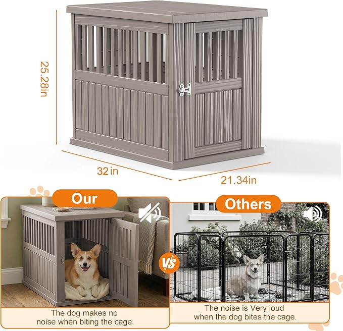 EFU 32 Inch Small Dog Crate Furniture, Indoor Dog Kennel, Puppy Pet House | Resin Pet House End Side Table, Waterproof Puppy Crates Cage for Medium Small Dogs to 45 lb, Grey