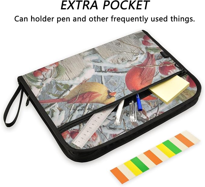 Cardinals Among Snow-Covered Apples Expanding File Folder with Sticky Labels, 13 Pockets Accordion File Folder Document Organizer Expandable Zip File Folder with Zipper Closure