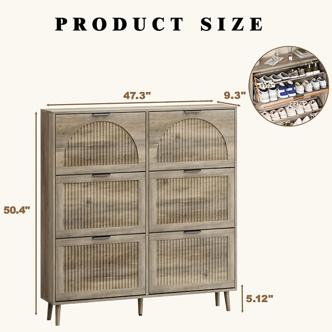 Shoe Storage Cabinet with 6 Flip Drawers, Narrow Wood Shoe Organizer Cabinet with Fluted Panel, Slim Shoe Rack for Entryway, Freestanding Shoe Cabinet for Living Room, Hallway, Grey