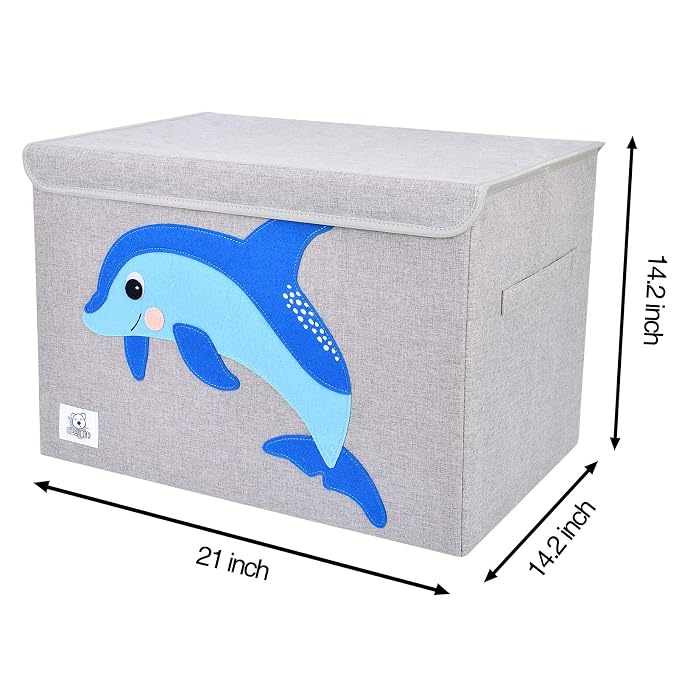 Large Toy Box Storage with Lid, Foldable Fabric Toy Chest Storage for Kids | Toy Organizer Basket, Collapsible Animal Print Storage Bin for Toddlers, Boys and Girls, Playroom, Baby Nursery (Dolphine)