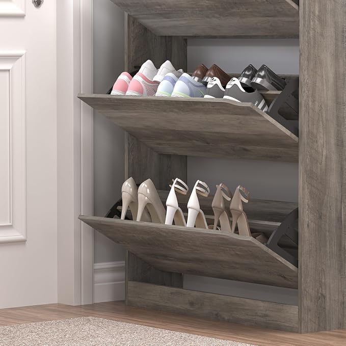 BORNOON Shoe Cabinet with 3 Flip Drawers & Coat Rack, Narrow Hidden Shoe Storage Cabinet, 2-in-1 Hall Tree Slim Freestanding Shoe Rack Organizer for Entryway, Hallway, and Living Room
