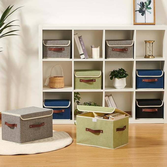 Storage Boxes with Lids Cotton Linen Fabric Bins Baskets | Decorative Collapsible Washable, Clothes Container Organizer for Closet Shelf, w/ Faux Leather Handles, Gray, Small
