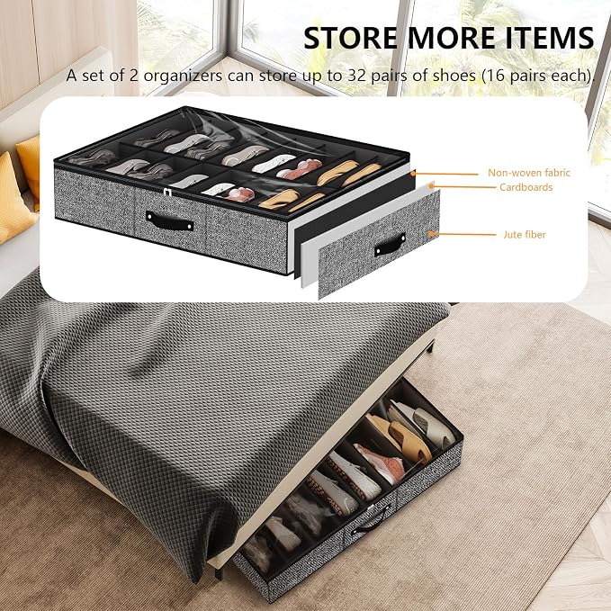 32 Pairs Shoe Organizer Under Bed, Underbed Shoe Storage Boxes Bins, Organizador De Zapatos, Extra Large Zapateras Organizer, Black, Set of 2