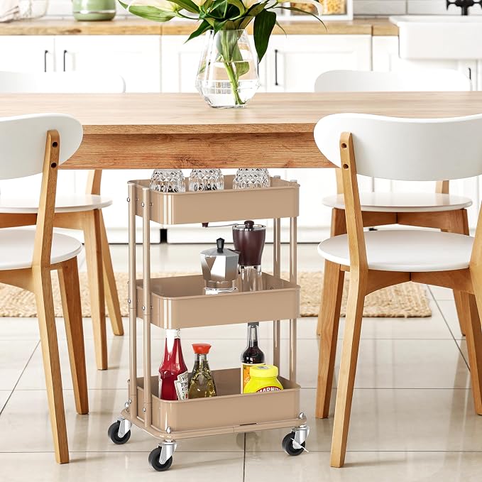 Simple Houseware 3-Tier Utility Cart, Low 24" Height Fits Under Desk, Khaki | Compact & Lower Height Great for Under-Desk Space-Saving Storage for Home Office, Dining Room, or Kitchen