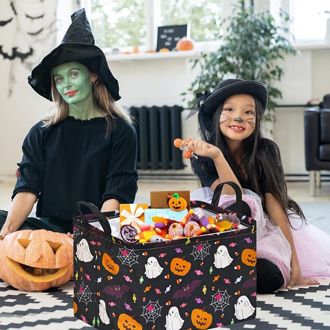 Kids Storage Basket with Halloween Print, 14.5" x 10.2" x 9.4", Waterproof | Foldable Organizer with Leather Handles;Ideal for Halloween Treats,Kids' Gifts,Laundry & Toy Storage;Spooky Holiday Decor