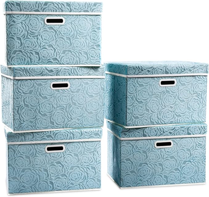 Stackable Storage Cubes with Lids [5-Pack] Fabric Decorative Storage Box Bins Organizer Containers Baskets with Cover Handles Divider for Bedroom Closet Living Room Blue 14.9x9.8x9.8 Inch