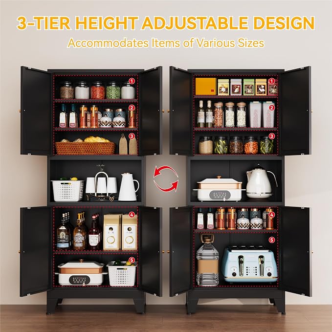 YAUWOH 69" Tall Metal Pantry Cabinet with Microwave Shelf, 4 Doors & 3 Adjustable Shelves, 120LBS Per Shelf Heavy Duty Storage Cabinet with Anti-Tip Design for Kitchen,Dining Room (1PC,Black)