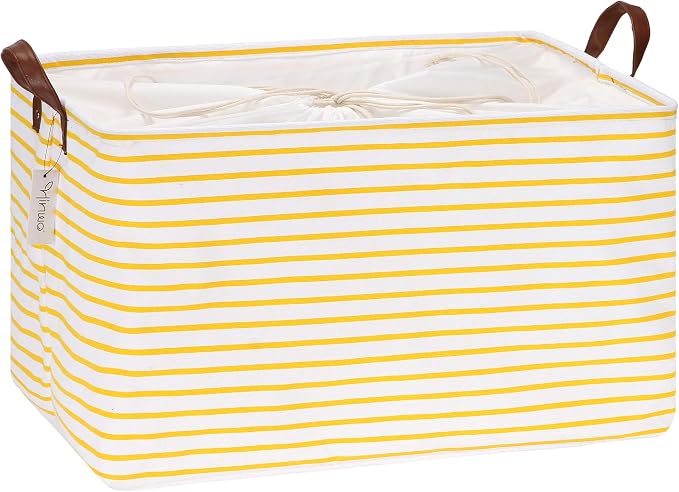 Hinwo 70L Extra Large Canvas Storage Bin with Lid and Handles | Collapsible Fabric Basket, Closet Shelf Organizer, Container for Clothing, Blankets, Toys, Bedding (Yellow Stripe)
