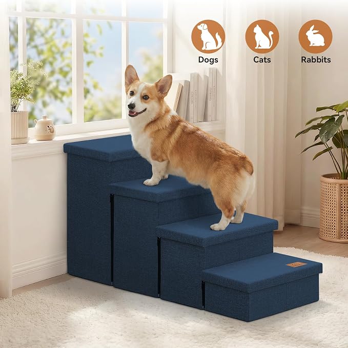 Zerbuger Dog Stairs with Storage, Navy Blue 4 Steps Dog Ramp no Condo | 23" H Wider Dog Steps for High Beds Couch, Folding Storage Pet Stairs Gift for Climbing Small/Medium/Large Old Dogs Cats
