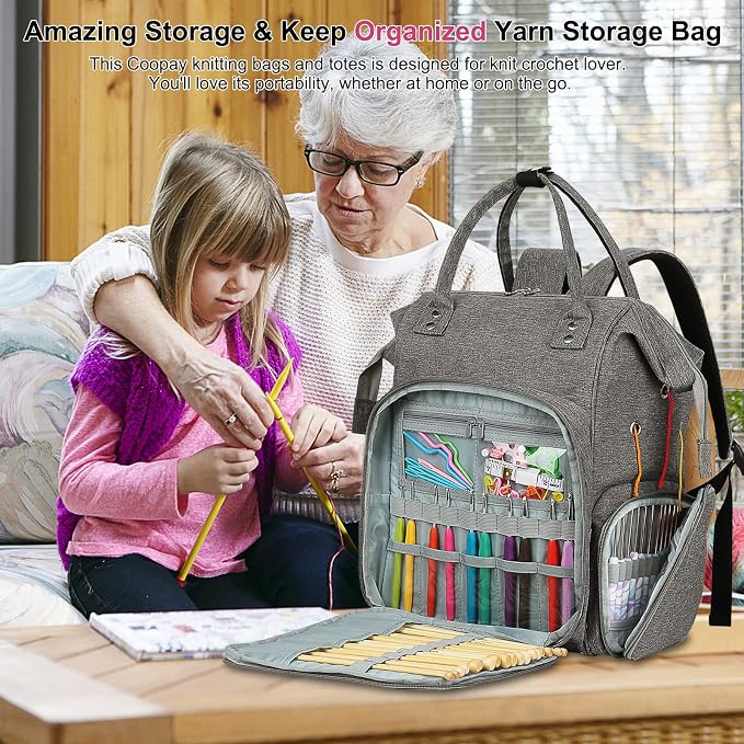 Coopay Huge Crochet Bag, Travel Knitting Bag Yarn Storage Knitting Tote Bag | 7.48''x 11.41''x 14.57''Large Capacity Yarn Storage Organizer for Unfinished Project, Yarn, Knitting & Crochet Supplies, Gray
