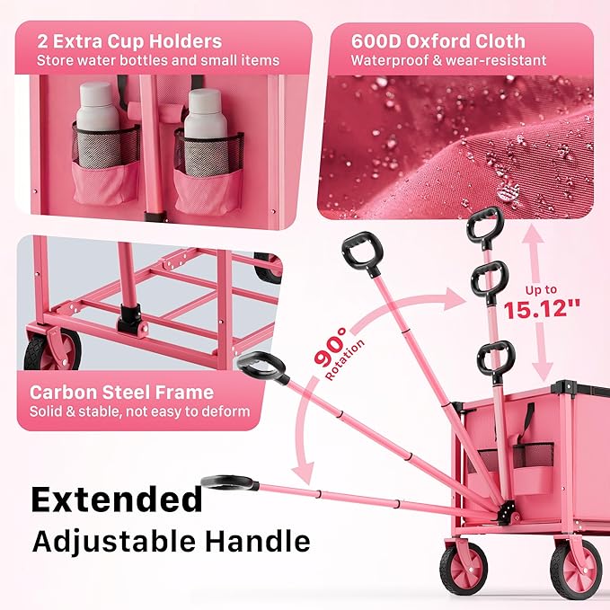 29.3" Collapsible Wagon Cart, 150L Heavy Duty Folding Utility Wagon with Wheels, 260 lbs Load, Portable Rolling Cart for Garden, Shopping, Sports, Camping, Pink