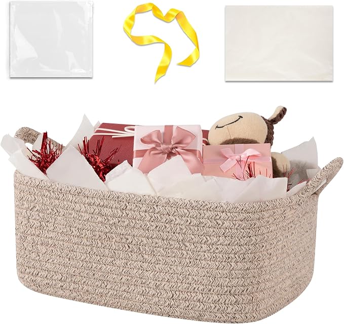 OIASKET Gift Basket Empty with Handle, Small Woven Baskets for Gifts Empty | 13.6"x10"x5.9", Baby Shower Toy Storage Baskets, Dog Toy Storage for Organizing, with Gift Bag Ribbon Tissue Paper