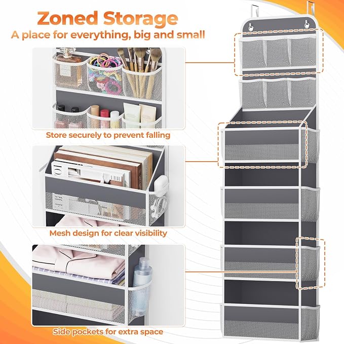 SpaceHacks 6-Tier Over the Door Organizer with Mesh Pockets, Baby Nursery Storage for Closet, Bathroom and Bedroom, Adjustable Hanging Closet Organizer for Cosmetics, Books and Essentials (Dark Grey)