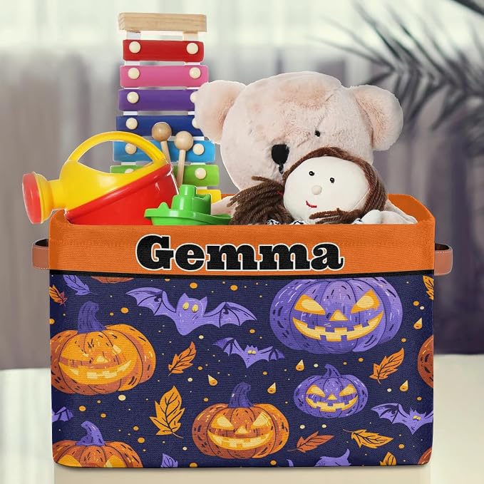 Personalized Foldable Storage Basket with Name for Boys, Laundry Hamper Dirty Clothes Pet Toys Storage Bin with Handles for Shelf Home Closet, Purple Orange Pumpkin Bat