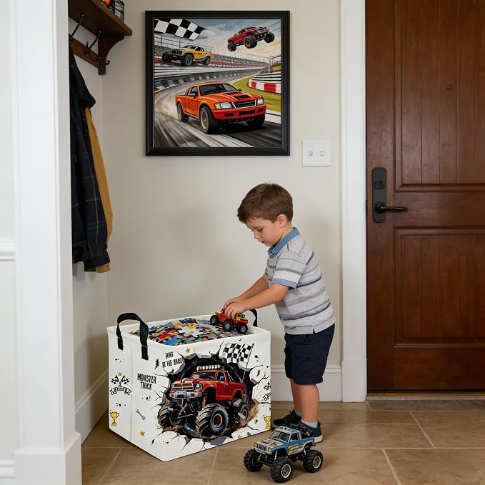 Rectangular Monster Truck Basket,Racing Car Storage Baskets,Cute Basket for kids with Handles,Kid Room Decor Gift,Car Room Decor,Book baskets(Monster Truck)