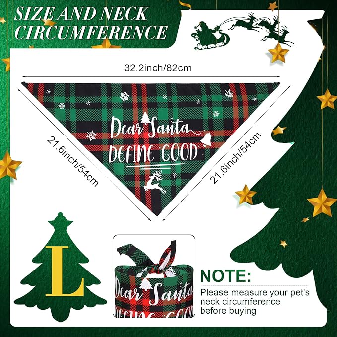 8 Pcs Christmas Dog Bandanas Buffalo Plaid Pet Scarf Bibs,Large | Adjustable Triangle Bibs with Holiday Sayings, Reversible Red Black Green Plaid, Festive Costume Accessory for Pet Photos