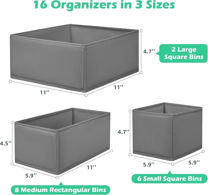 Drawer Clothing Organizer 16-Pack, Grey Underwear Dividers | Multiple sizes Fabric Folding Wardrobe Organizer, Storage Bins Store Baby Clothes, Bras, Underwear, Panties, Belts,Socks,Ties
