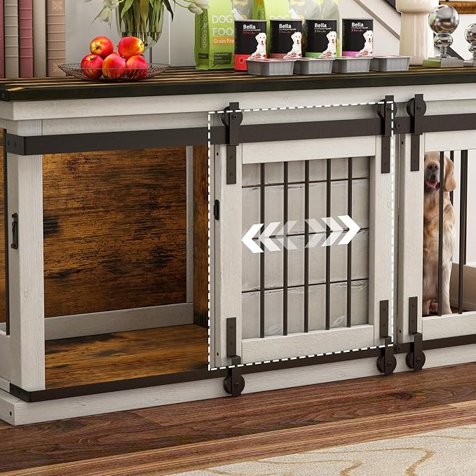 62" Farmhouse Dog Crate Furniture for 2 Large Dogs, Distressed White | Solid Wood Crate Furniture, Removable Divider, Dual Sliding Barn Doors, 2 Locks, Spacious Design, Heavy-duty TV Stand.